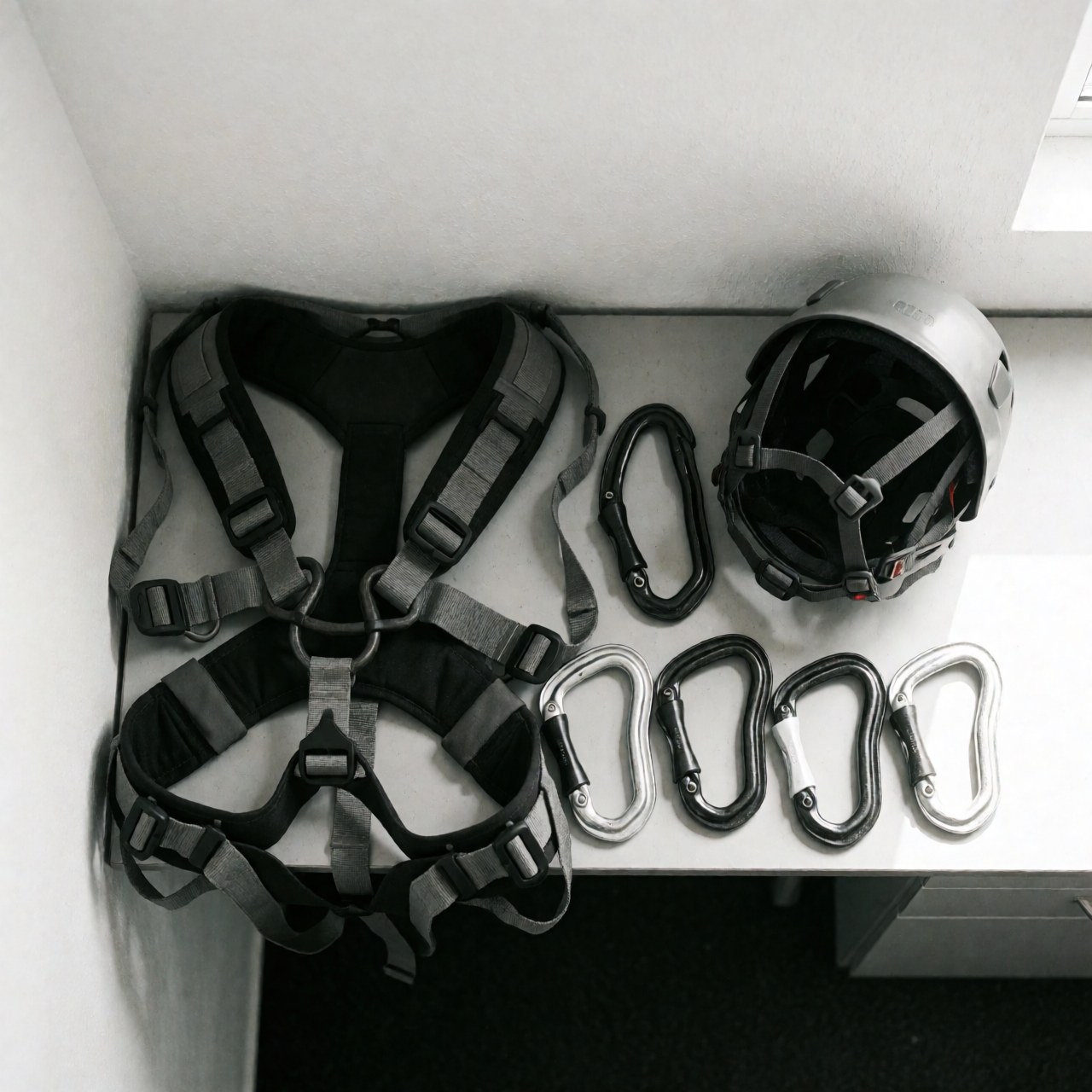 Vue de dessus d'un équipement professionnel d'escalade comprenant un harnais, un casque et des mousquetons disposés sur une surface blanche propre éclairée par la lumière naturelle.