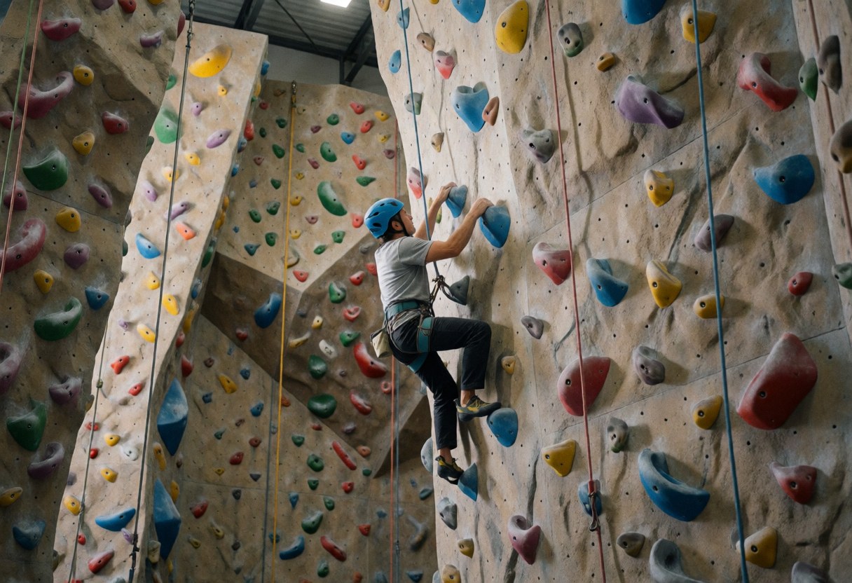 Escaladeur progressant sur un mur texturé aux prises colorées dans un gymnase intérieur, équipé d'un casque et d'une baudruche, sous un éclairage professionnel.
