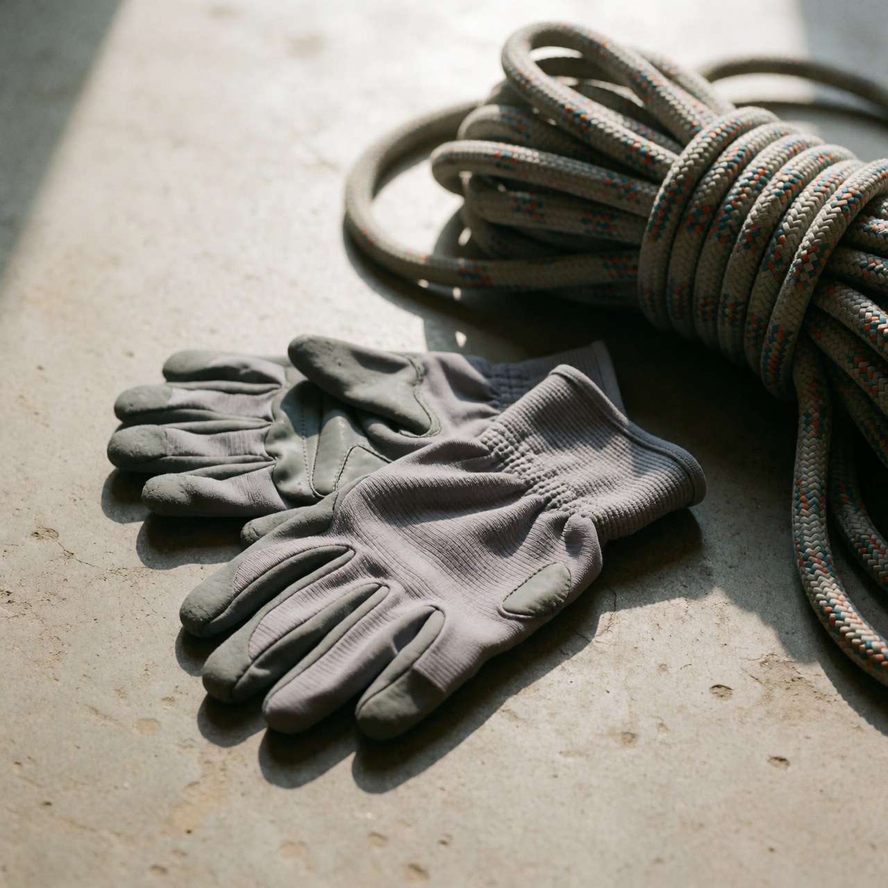 Gants de grimpe gris avec protections et corde dynamique enroulée sur sol en béton, éclairés par lumière naturelle.