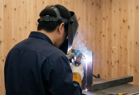 Un soudeur portant un casque protecteur et des gants unit des pièces métalliques grâce à un arc électrique lumineux dans un atelier aux murs en bois.