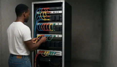 Un technicien connecte des câbles sur un rack d'éclairage dans un espace avec des murs en béton, laissant un espace vide à droite pour ajouter du texte.