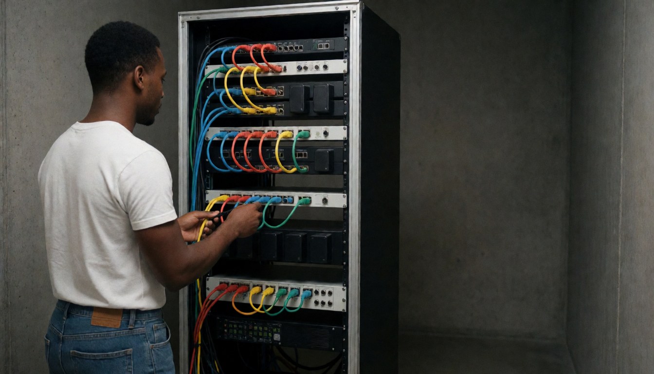 Un technicien connecte des câbles sur un rack d'éclairage dans un espace avec des murs en béton, laissant un espace vide à droite pour ajouter du texte.