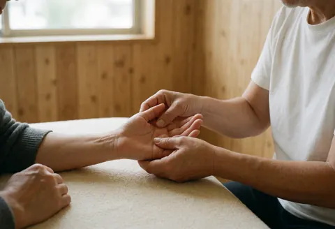 Thérapeute exerce une pression digitale sur la paume d'une main. Les mains sont en contact sur une surface texturée, dans un cadre lumineux avec des murs en bois.