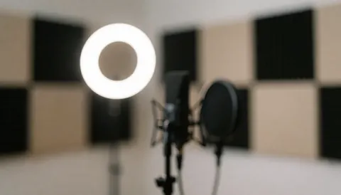 Fond de studio avec microphone professionnel et lumière annulaire, murs avec panneaux acoustiques, idéal pour cours d'espagnol en ligne, ambiance calme et professionnelle.