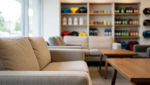 Espace intérieur calme avec des canapés beige et tables en bois, étagères de produits de escalade flous en arrière-plan pour texte.