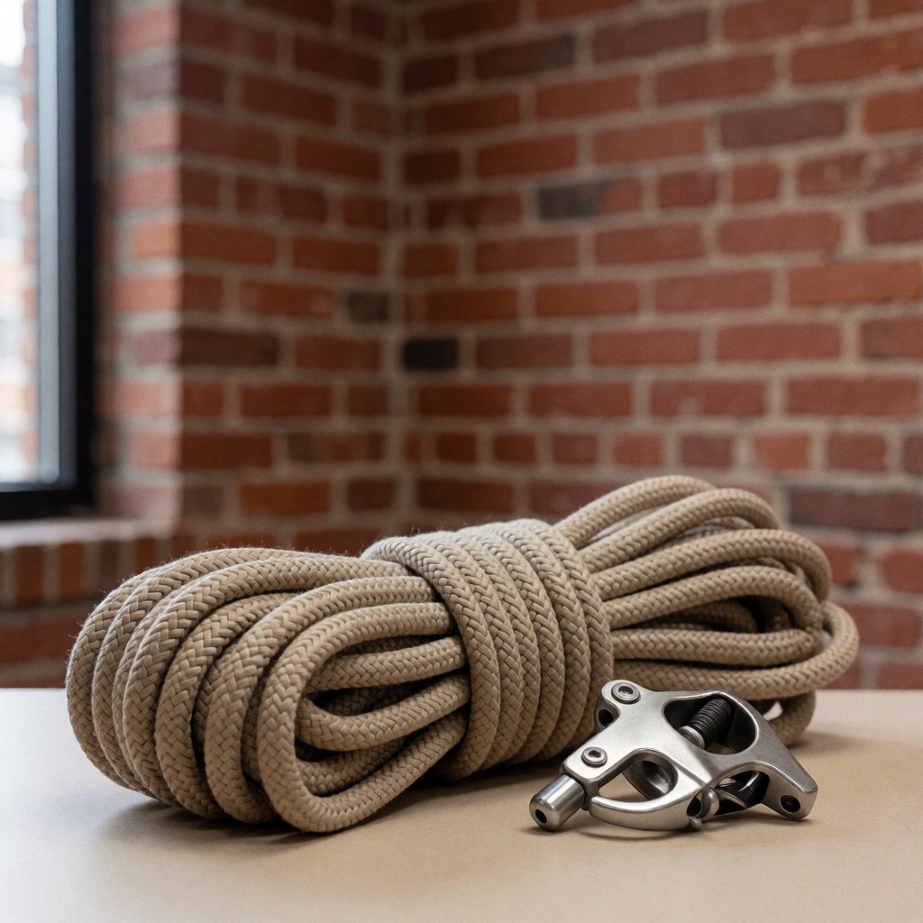 Corde beige et mousqueton métallique posés sur une surface en bois avec un mur de briques rouges flou en arrière-plan.