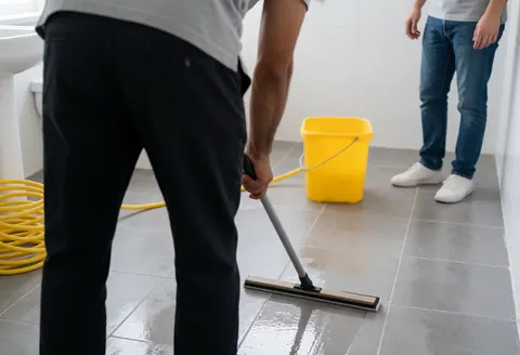 Un professionnel nettoie les carreaux gris d'une salle de bain moderne à l'aide d'une raclette, d'un seau jaune et d'un tuyau d'eau.
