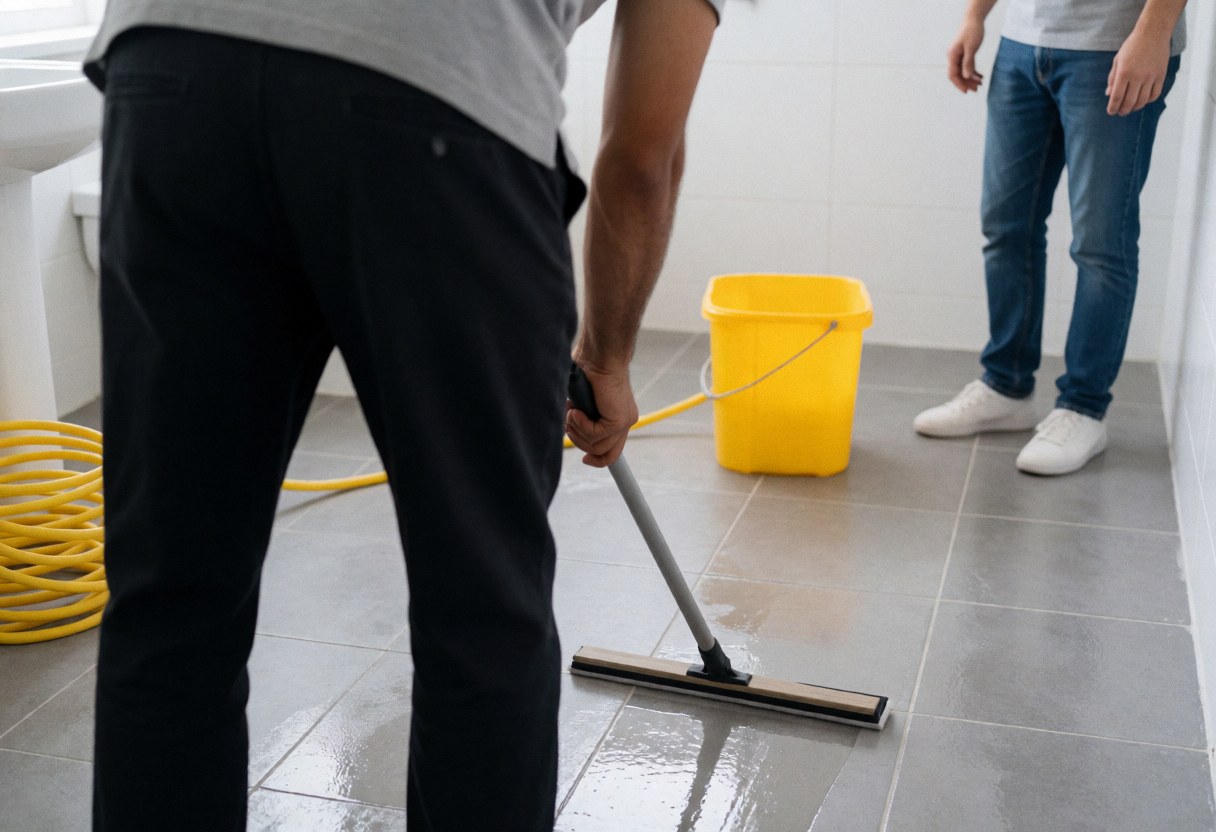 Un professionnel nettoie les carreaux gris d'une salle de bain moderne à l'aide d'une raclette, d'un seau jaune et d'un tuyau d'eau.