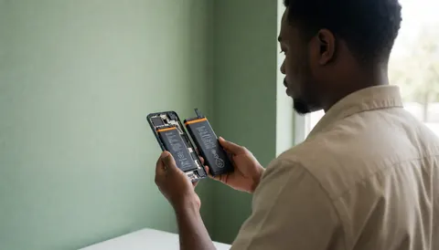 Un technicien répare un smartphone en installant une nouvelle batterie. Les mains et les outils sont nets sur fond vert, éclairage naturel.