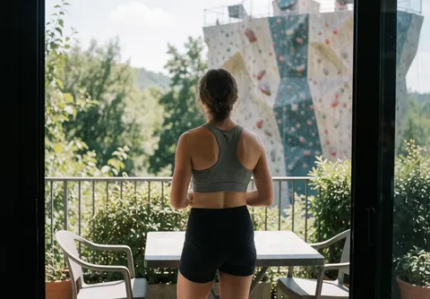 Vue arrière d'une personne en tenue de sport regardant un mur d'escalade depuis une terrasse ombragée avec table et chaises, entourée de végétation et baignée de lumière solaire.