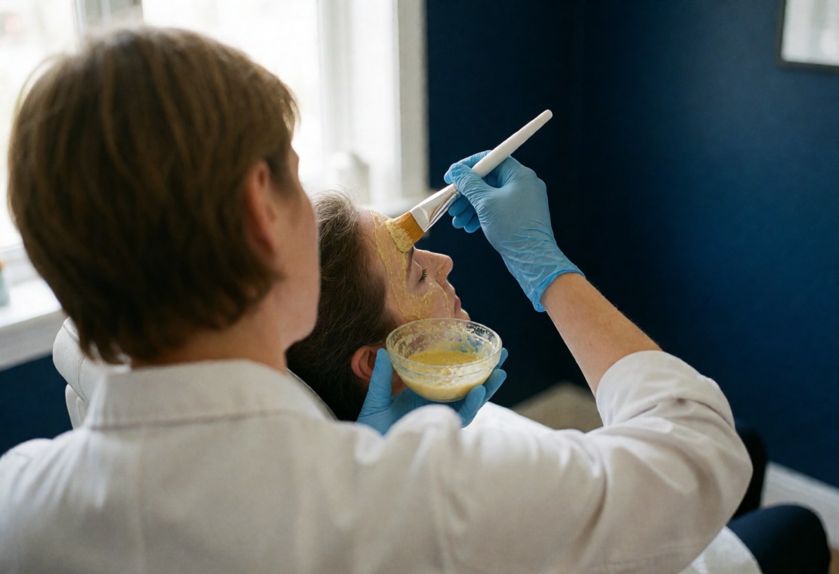 Un dermatologue en gants bleus applique un masque jaune sur le front d'une cliente avec un pinceau dans une clinique.