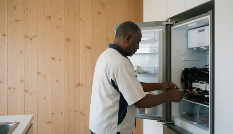 Un technicien effectuant la réparation d'un réfrigérateur ouvert dans une cuisine aux murs en bois clair, utilisant des outils professionnels.