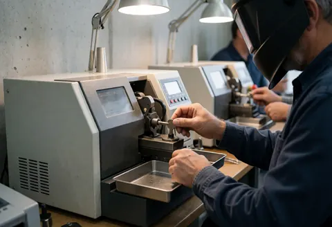 Un technicien portant un casque de soudage et des gants de protection, en train d'opérer une machine à duplicater des clés dans un bureau de copies, avec des outils et de l'équipement de sécurité visibles.