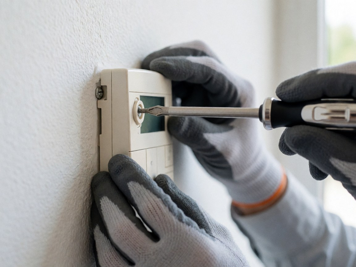 Mains gantées utilisant un tournevis pour régler un boîtier beige fixé sur un mur blanc, vue rapprochée mettant en valeur l'intervention technique.