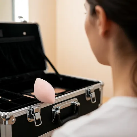 Vue arrière d'une personne dans un vestiaire aux murs beiges, avec une éponge rose posée sur une mallette de maquillage ouverte au revêtement noir.