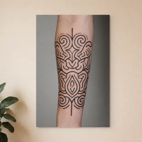 Motif symétrique à lignes noires sur peau grise neutre, idéal pour un portfolio professionnel de tatoueur.