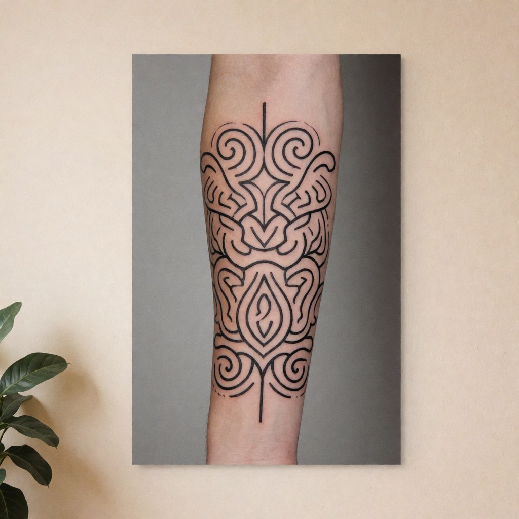 Motif symétrique à lignes noires sur peau grise neutre, idéal pour un portfolio professionnel de tatoueur.