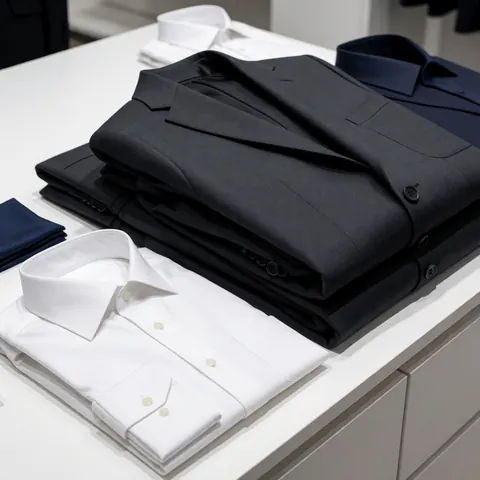 Une pile ordonnée de costumes gris et de chemises blanches et bleues pliées sur une table blanche, éclairage professionnel sur fond blanc pour l'industrie de l'hypnothérapie.