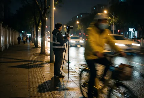 Un photographe cinétique en action utilise une caméra montée sur trépied dans une rue nocturne et humide, capturant un cycliste flou au premier plan et des reflets lumineux.