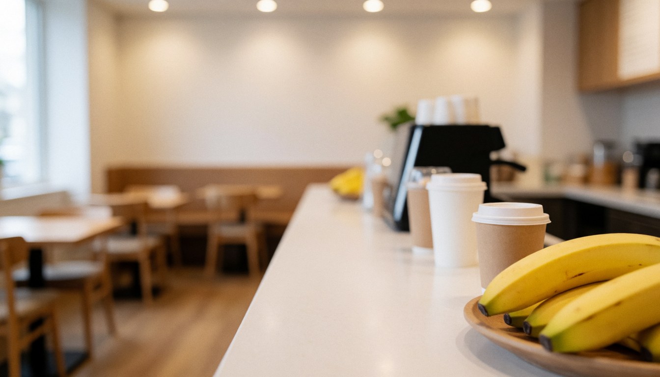 Comptoir avec des bananes fraîches et des tasses prêtes à servir, sur un fond flou de tables et chaises dans une ambiance chaleureuse.