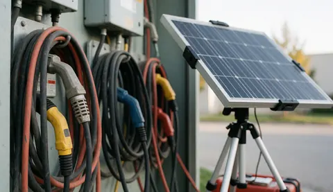 Un panneau solaire fixé sur un trépied est positionné à côté d'un mur équipé de câbles électriques et de prises de courant, évoquant un contexte technique.