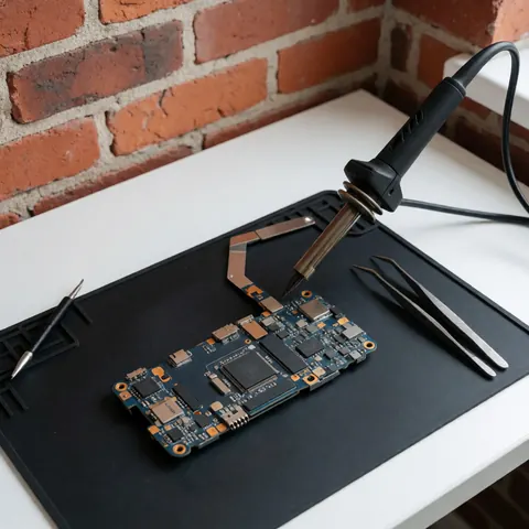 Carte mère avec puce Wi-Fi installée, fer à souder et pinces sur fond noir, mur de briques rouges.