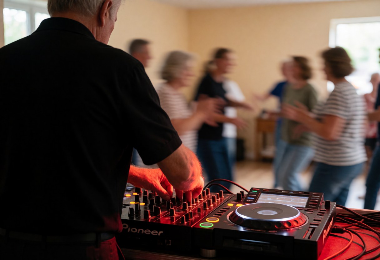Un DJ professionnel ajuste les contrôles du mixeur pendant une fête animée, entouré de lumières rouges et de personnes dansant sur un fond flou.