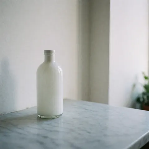 Flacon en verre blanc avec couvercle posé sur une table en marbre gris clair devant un mur blanc, éclairage naturel doux, sans personnes, idéal pour des produits de soin.