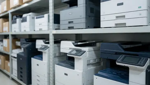 Fond professionnel d'entrepôt avec imprimantes de bureau sur des étagères métalliques, éclairage fonctionnel et texture industrielle pour textes commerciaux.