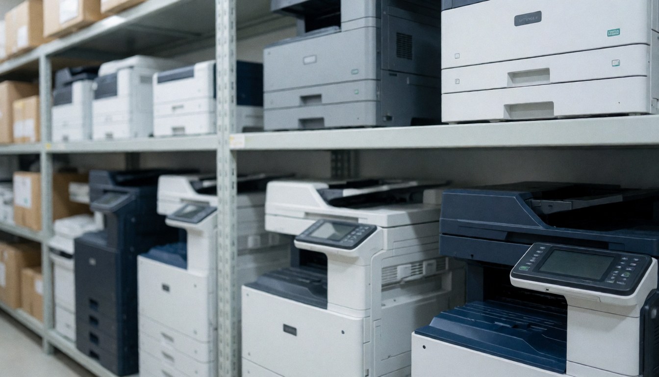 Fond professionnel d'entrepôt avec imprimantes de bureau sur des étagères métalliques, éclairage fonctionnel et texture industrielle pour textes commerciaux.