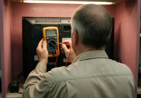 Vue arrière d'un technicien de réparation de télévision mesurant la tension avec un multimètre dans un atelier avec des murs roses et des outils professionnels visibles.