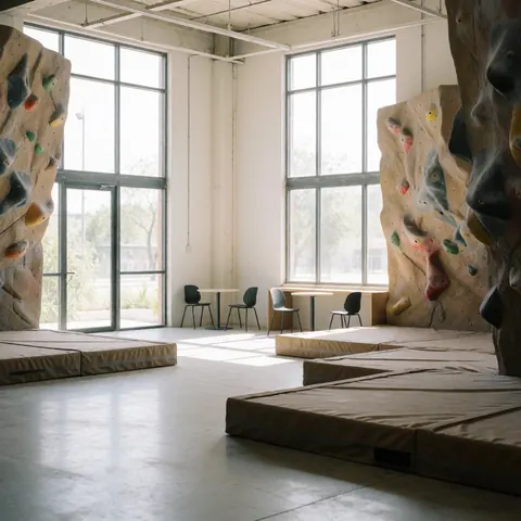 Salle d'escalade vide dotée de murs texturés, de tapis de sécurité et de grandes fenêtres laissant entrer la lumière naturelle. Ambiance moderne idéale pour l'entraînement.