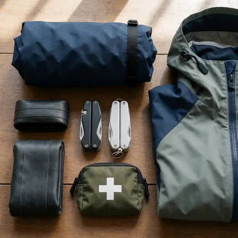 Kit de réparation vélo comprenant veste, pompe, outils et trousse de premiers secours disposés sur une surface en bois.