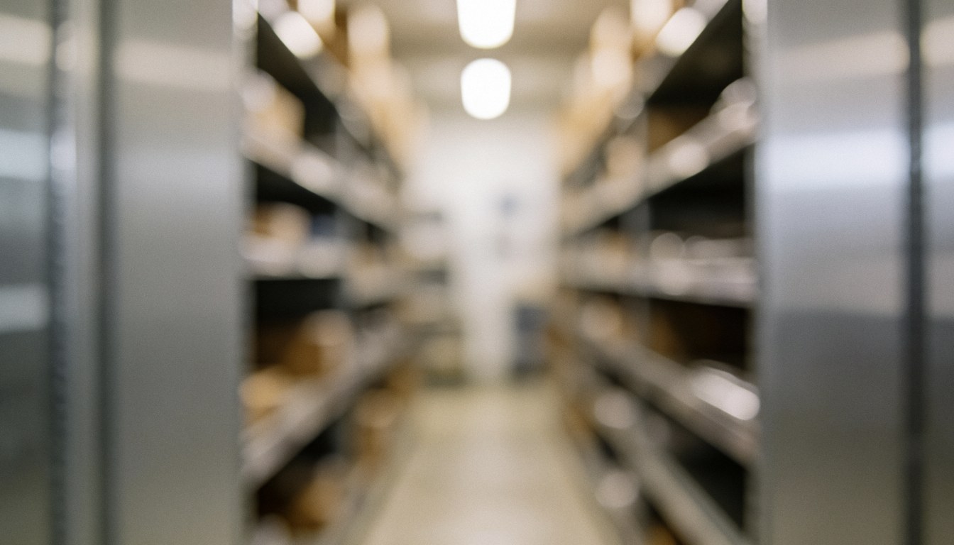Allée de stockage avec des rayonnages métalliques et un éclairage au plafond, arrière-plan flou pour textes commerciaux.