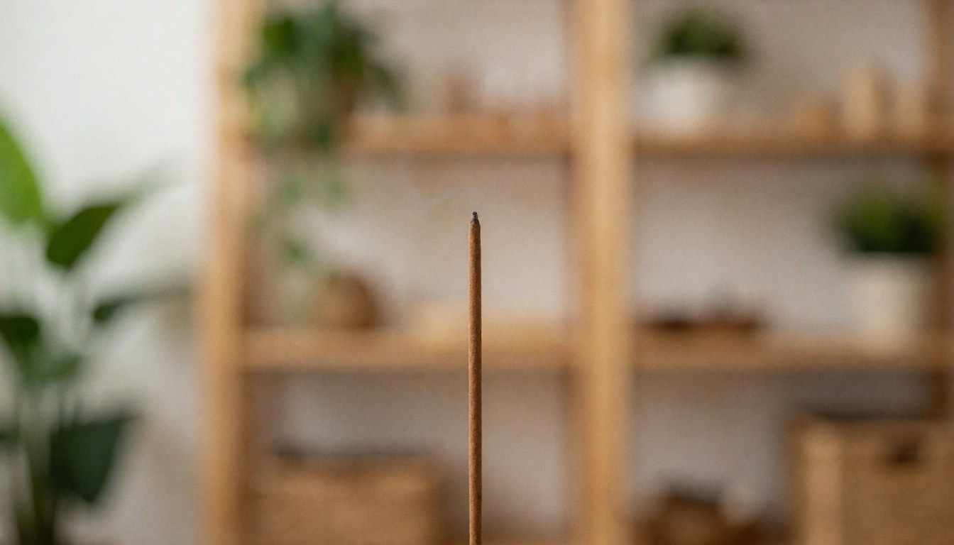 Bâton d'encens au santal allumé posé sur un support, avec des étagères en bois et des plantes vertes floues en arrière-plan, idéal pour des textes de bien-être.