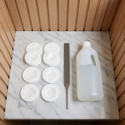 Disques de coton, lime à ongles et flacon d'acétone disposés sur une surface en marbre clair avec un fond en bois pour la manucure et la pédicure.