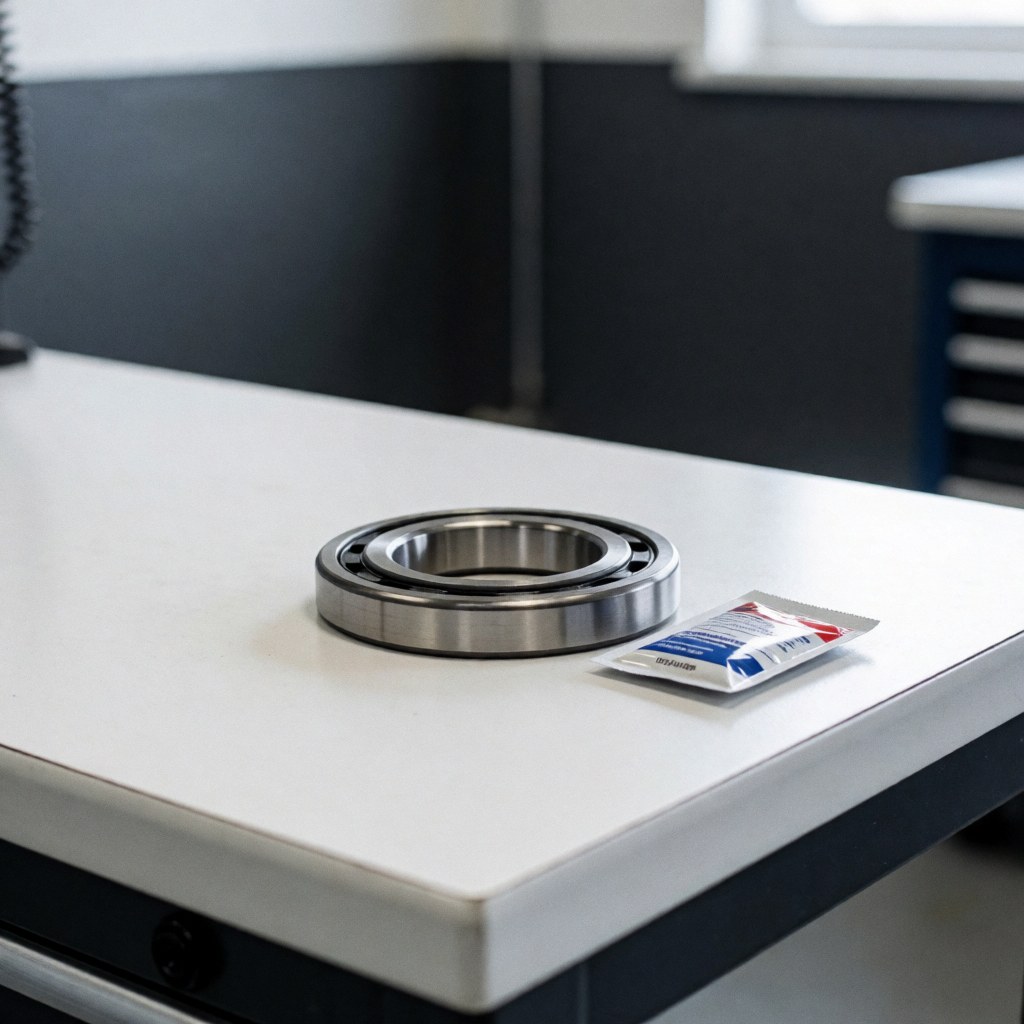 Roulement métallique pour lave-linge posé sur une table blanche, accompagné d'un paquet de graisse industrielle, dans un atelier aux murs gris.