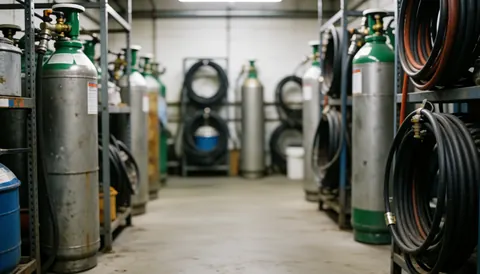 Entrepôt industriel avec des rangées de cylindres de gaz et des tuyaux enroulés sur des étagères métalliques, sol en béton, éclairage uniforme, fond flou.