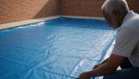 Un homme ajuste une couverture bleue sur une piscine avec un mur en briques rouges en arrière-plan, scène d'installation de piscines.