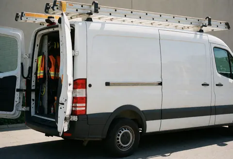 Fourgon blanc aux portes arrière ouvertes, échelles sur le toit et matériel de sécurité visible, adapté aux services de réparation de panneaux solaires.