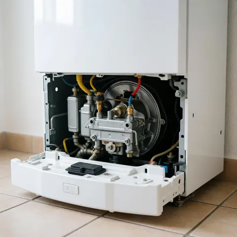 Chaudière à gaz blanche fixée au mur, panneau avant retiré révélant les composants métalliques internes, tuyauterie et vannes sur un sol carrelé.