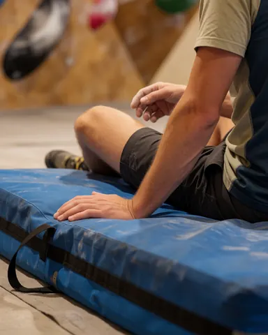Un coach d'escalade assis sur un matelas bleu applique de la crape sur ses mains avant de grimper, avec un mur d'escalade intérieur en arrière-plan.