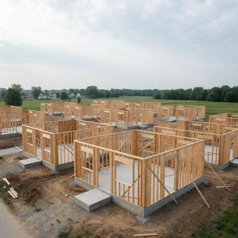 Vue aérienne montrant plusieurs maisons en cours de construction avec des charpentes en bois et des fondations en béton sur un terrain ouvert.