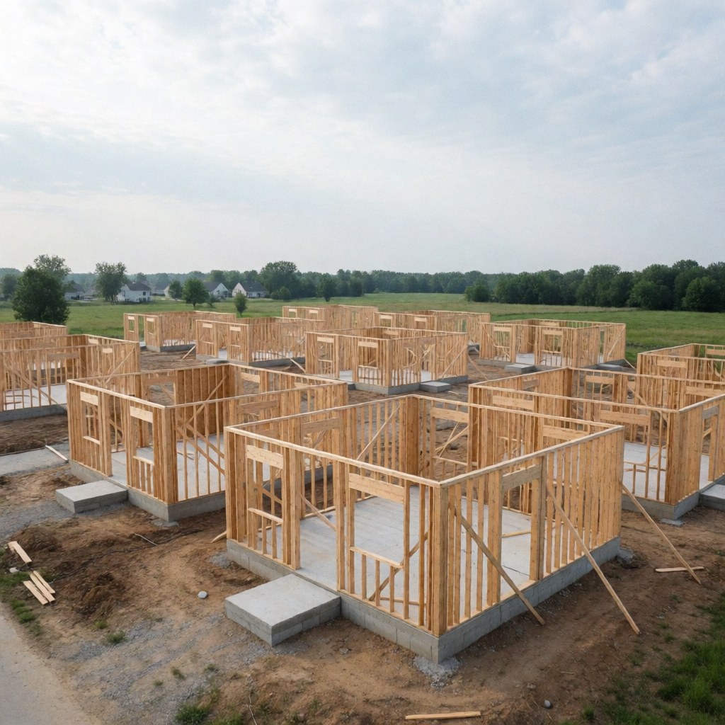 Vue aérienne montrant plusieurs maisons en cours de construction avec des charpentes en bois et des fondations en béton sur un terrain ouvert.