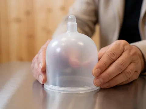 Des mains adultes tiennent une ventouse en silicone transparent au-dessus d'une table en acier inoxydable avec un fond de panneaux en bois naturel.
