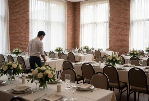 Un homme ajuste la vaisselle dans une salle de banquet avec des murs en briques, des tables avec nappes blanches, centres de fleurs et chaises alignées.