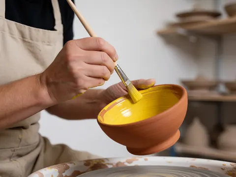 Une main portant un tablier applique un glaçage jaune sur un bol en terre cuite, avec un fond flou montrant un tour de potier et des étagères.