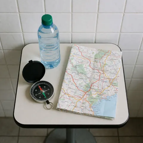Kit de voyage composé d'une boussole, d'une carte pliée et d'une bouteille d'eau posés sur une table blanche devant un mur carrelé blanc.