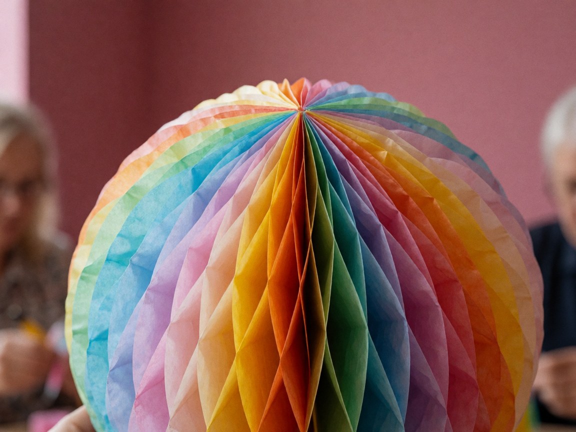 Ballon décoratif en papier avec des couches de couleurs vives, texture visible et fond flou sur un mur rose.