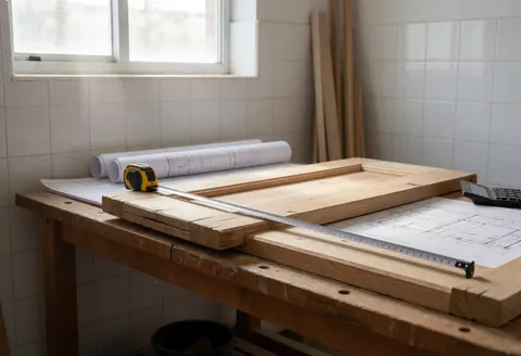 Vue rapprochée d'un mètre ruban posé sur un cadre de porte en bois dans un atelier, avec des plans et une calculatrice sur une table près d'une fenêtre.
